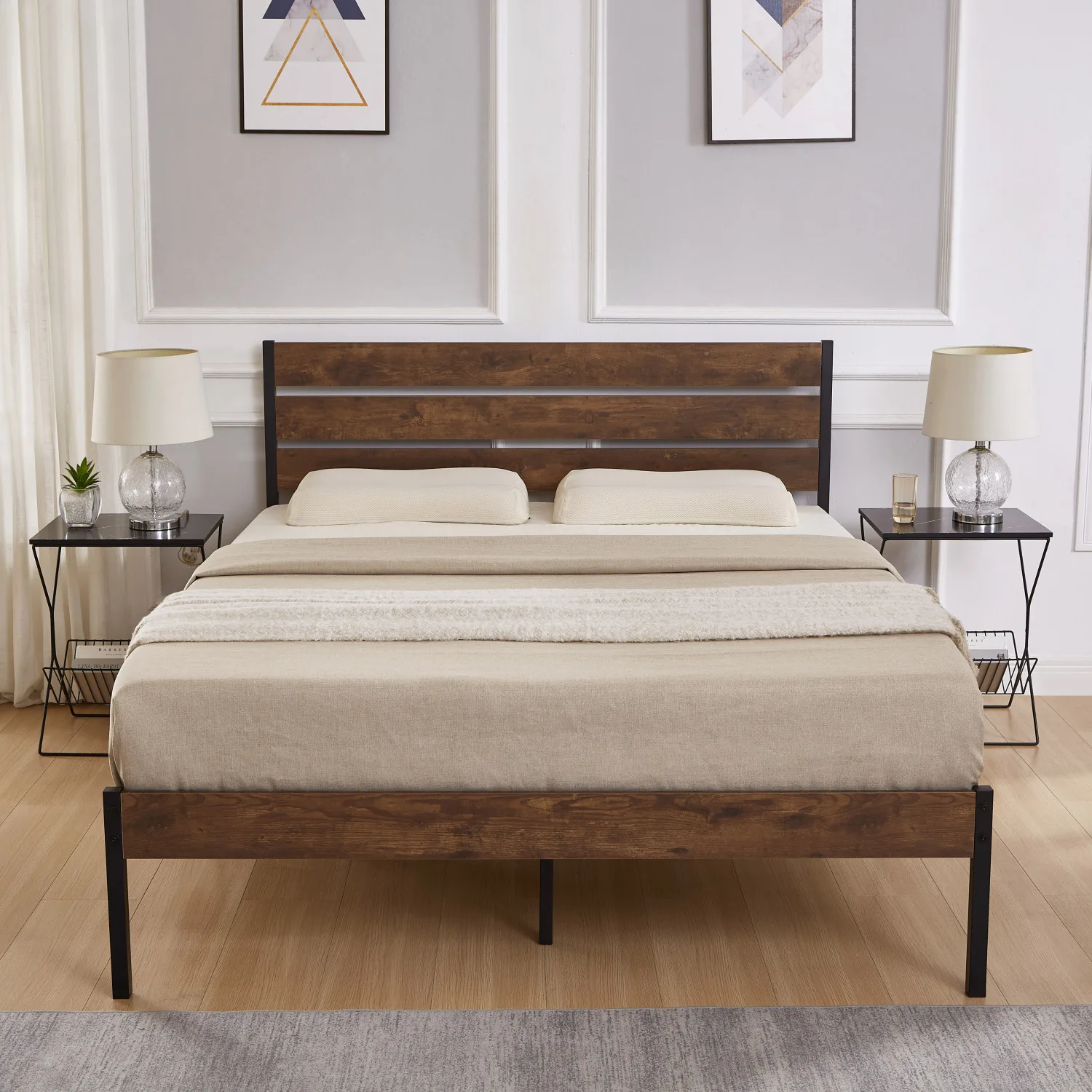 Full Size Bed Frame with Wood Headboard, Metal Frame with Strong Slats, Noise Free,No Box Spring Needed-Brown.