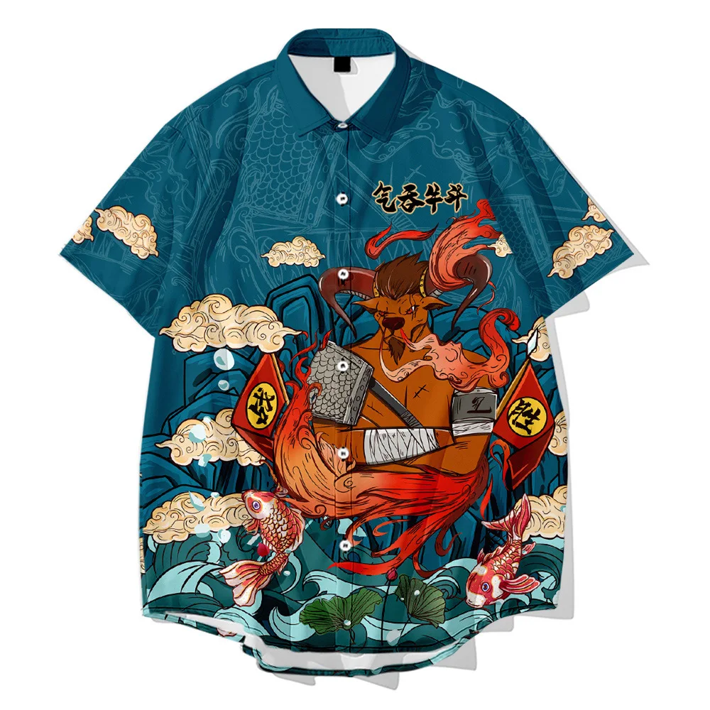 2023 Fashion Japanese Style Anime Bull Print Pattern Shirt Casual Hawaiian Shirt Man Street Short Sleeve Top Loose Shirt for Men