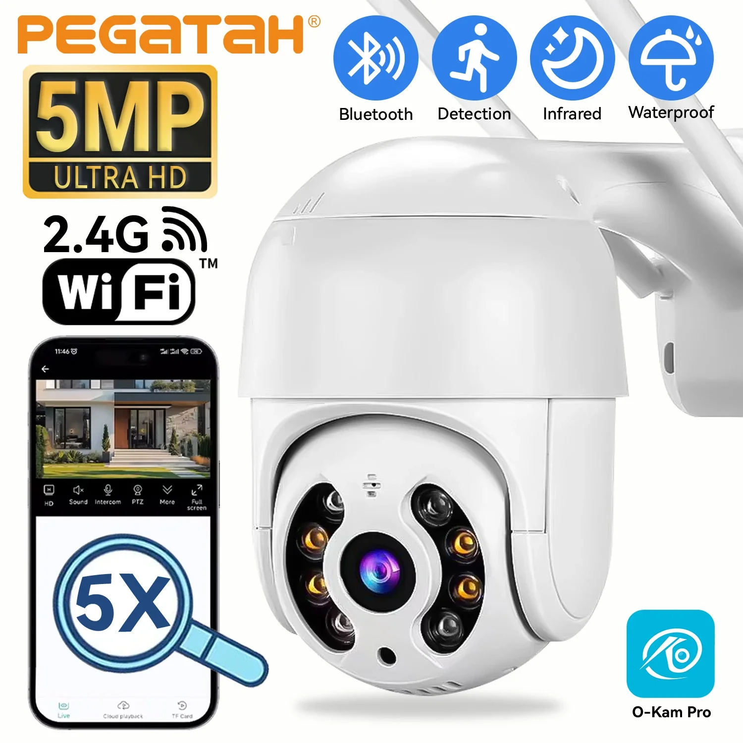 PEGATAH WIFI Camera 5MP Speed Dome Auto Tracking PTZ Camera Security Protection Outdoor Wireless Surveillance Camera O-Kam Pro