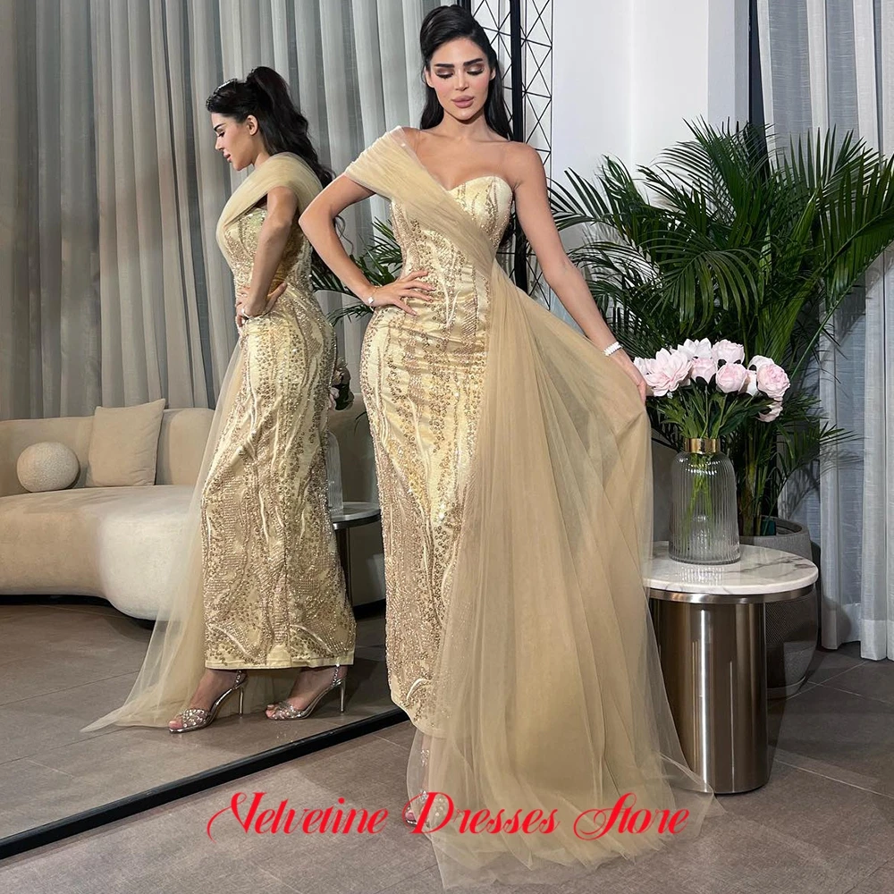 Requintado cetim sereia vestido de noite apliques de luxo lantejoulas personalizado vestidos de baile temperamento painel trem vestidos de celebridades