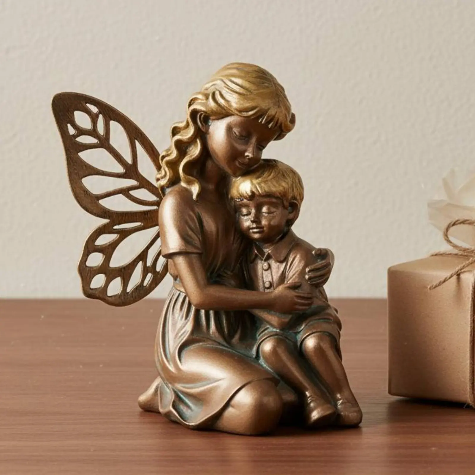 Copper Color Fairy Ornament Lustrous Finish Sitting Fairy Statue Home Decor Realistic Design Antique Design for Patio, Planter