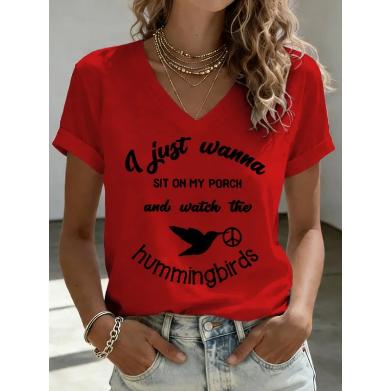 ilstile Women's Humming Birds Print T-Shirts Summer Short Sleeve Casual Loose V Neck Tops Tee White Black New Arrival