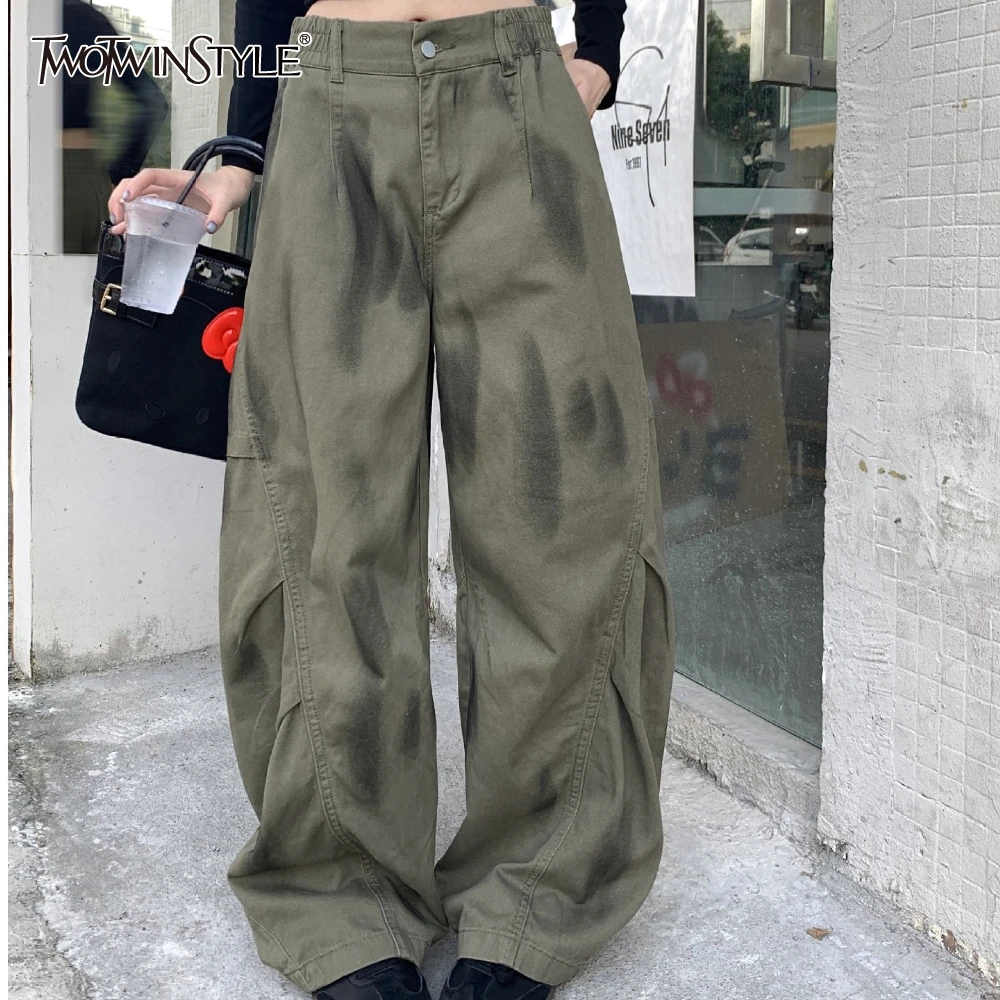 

TWOTWINSTYLE зеленые базовые брюки со складками, женские свободные темпераментные женские широкие брюки с высокой талией, летний стиль, мода