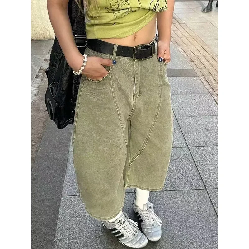 Streetwear Embroidery Letter Vintage Denim Shorts Jenas Women Summer High-Waisted Loose-Fit Straight-Leg Slim Denim Pants