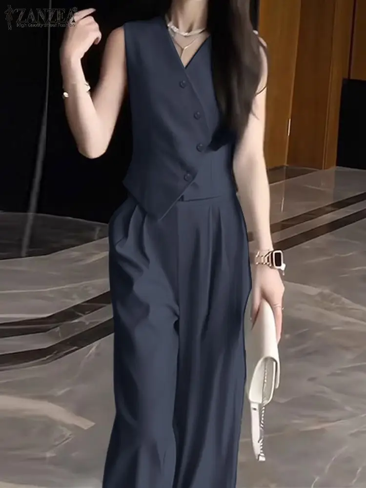 

ZANZEA Summer Women 2-Piece Sets Irregular Vests Tops Korean Fashion Solid Elegant Pant Sets Commute Wide Leg Trouser Outfits