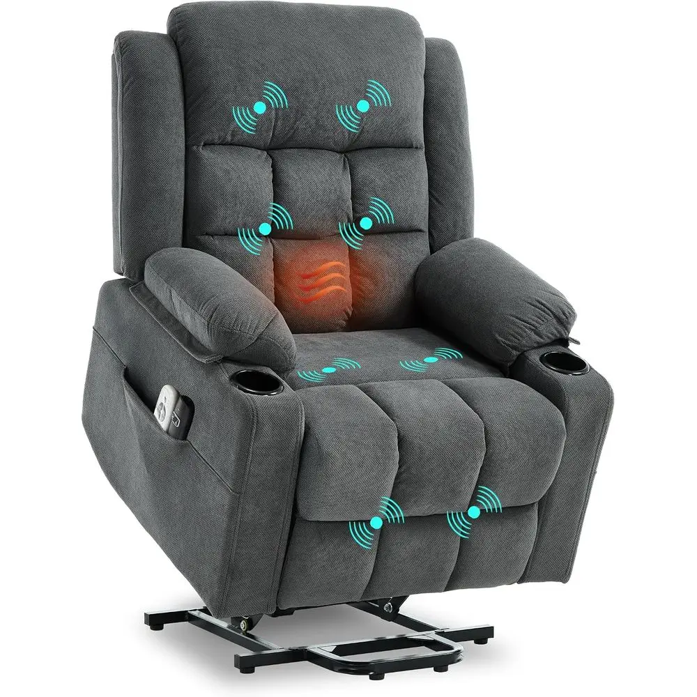 Electric Power Recliner Chair with Massage, Heat, USB & Type-C Ports, Cup Holders, Infinite Position, Grey, Regular