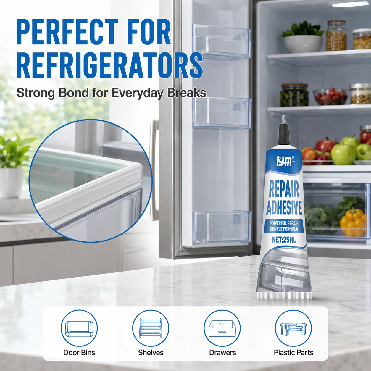 Refrigerator Seal & Drawer Repair Glue, Transparent Superglue for Plastic & Glass, Low-Temp Anti-freeze, Waterproof Fast Dry