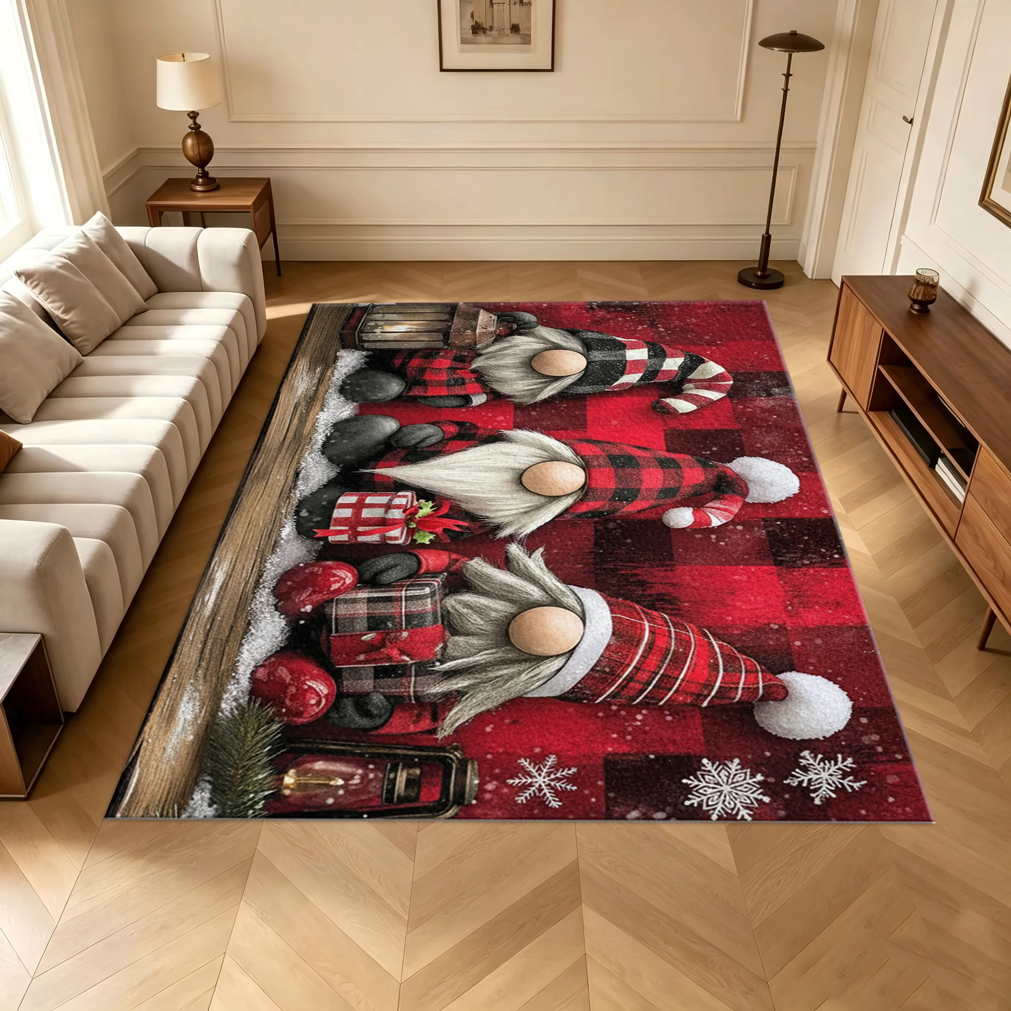 Christmas Gnome Plaid Print Carpet Winter Festival Floor Mat Home Decorative Rug
