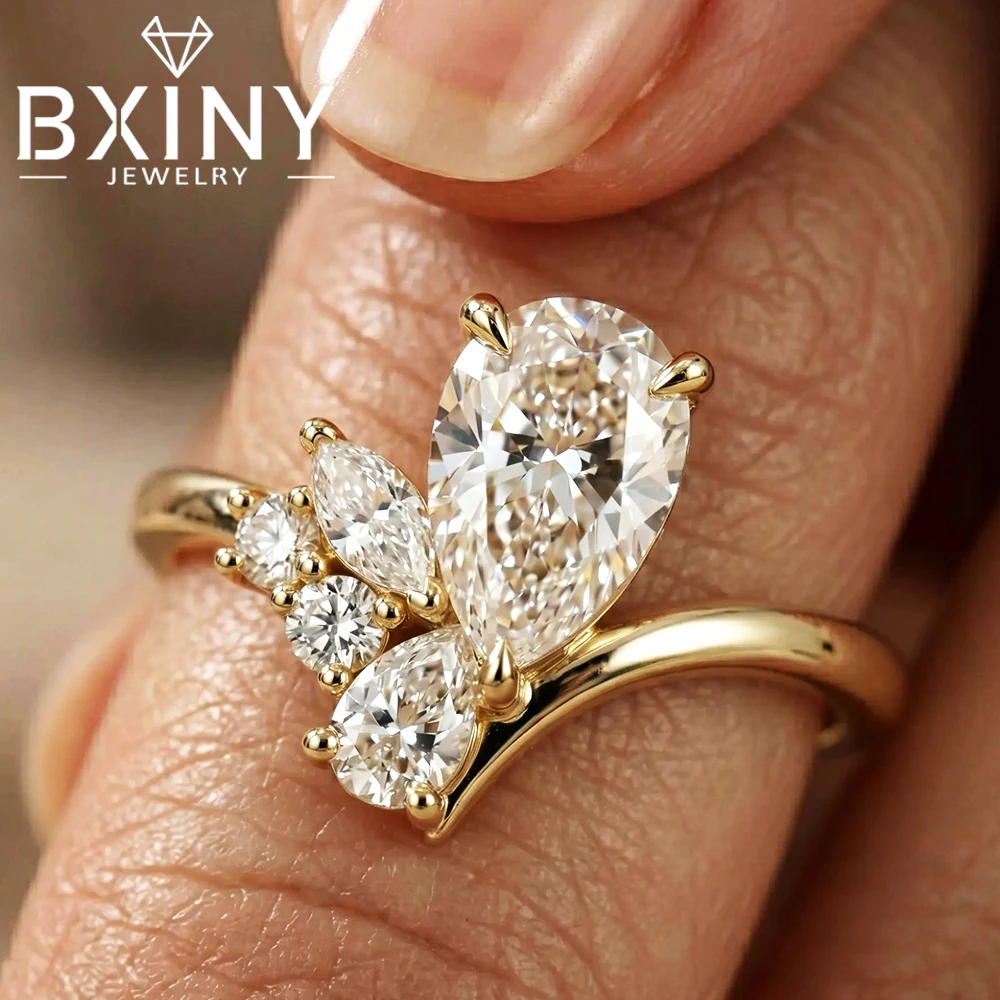 BXINY Luxury Pear Cut All Moissanite Ring 100% S925 Silver for Women WaterDrop Certified Diamond Wedding Band Gifts Fine Jewelry
