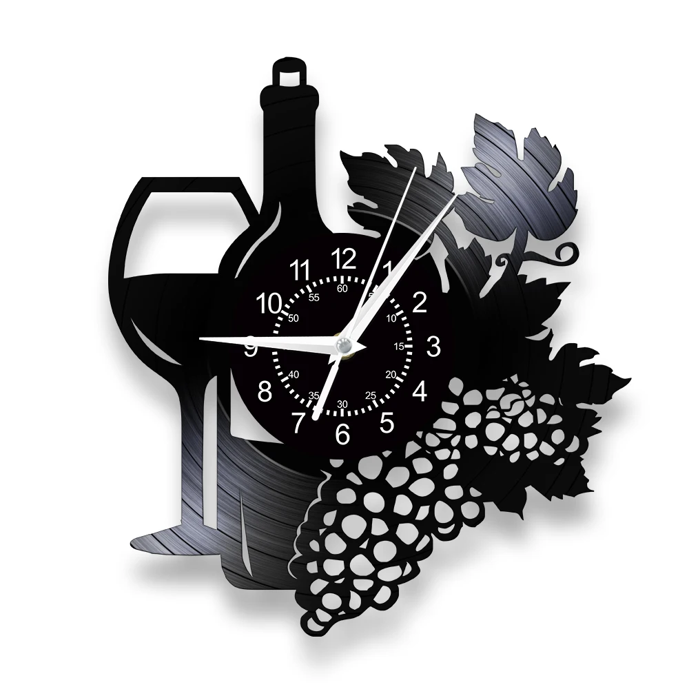 Winery Vinyl Record Wall Clock Wine Chateau Decor for Home Bar Kitchen Wine Bottle Glass Grape Cluster Silent Quartz Wall Watch
