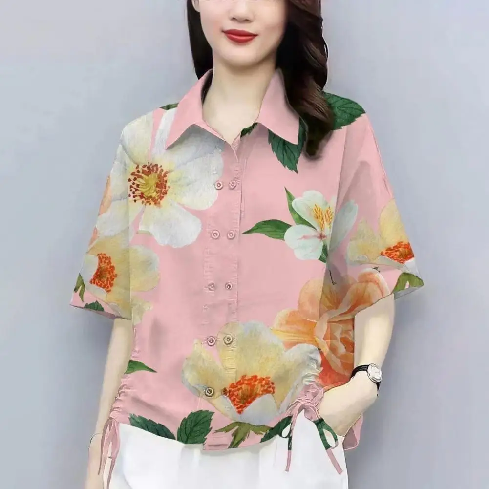 

Women Top Floral Patterned Lapel Shirt for Women with Double Breasted Design Drawstring Detail Loose Fit Summer Top Side Tie