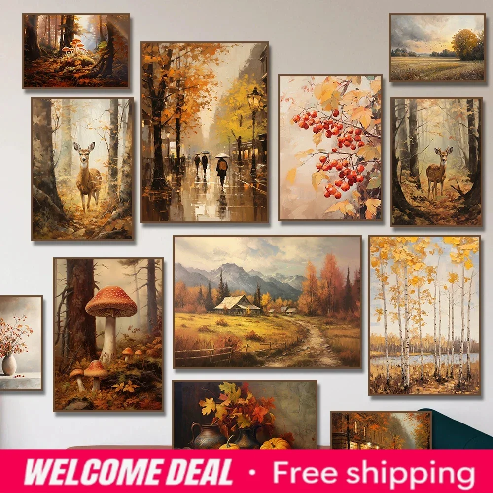2026  Autumn Countryside Canvas Painting Field Birch Tree Deer Still Life Fall Leaves Vase Poster Nature Wall Art for Room Ho