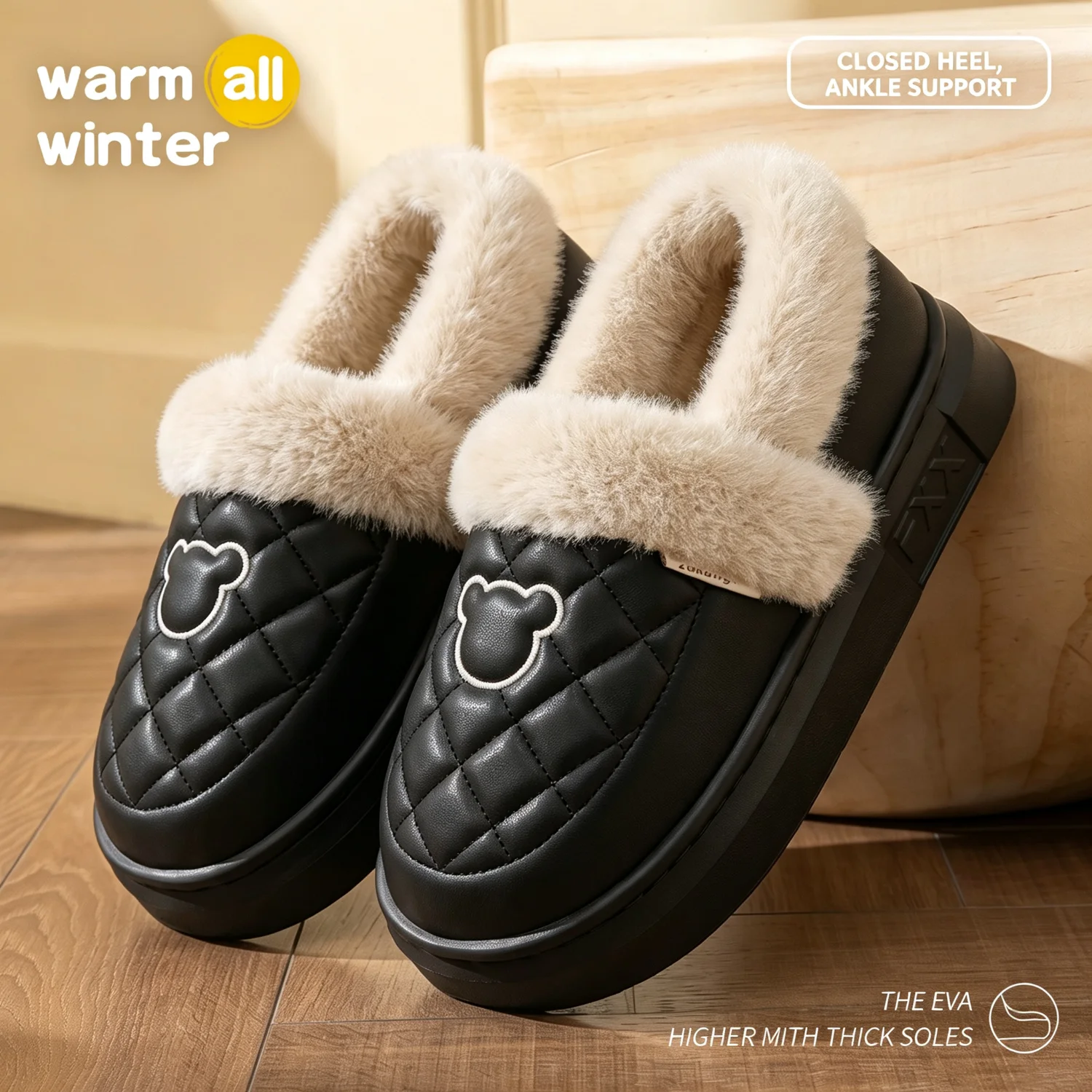Winter-Wasserdichte Hausschuhe für Damen und Herren, mit dicker Sohle, warmem Plüschfutter, Bärenstickerei, rutschfest, weich, elastisch, für den Innenbereich. – Detail 16
