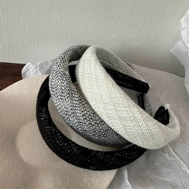 Retro Style Tweed Hairbands Temperament High Quality Headbands 2023 Spring New Black Grey White Hair Accessories