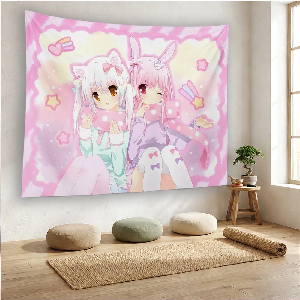 Kawaii Katzen-Hasenohren Anime Mädchen Wandteppich, Rosa Pastell Stern Herz Moe Wandbehang für Mädchenzimmer Wohnheim Deko – Detail 2