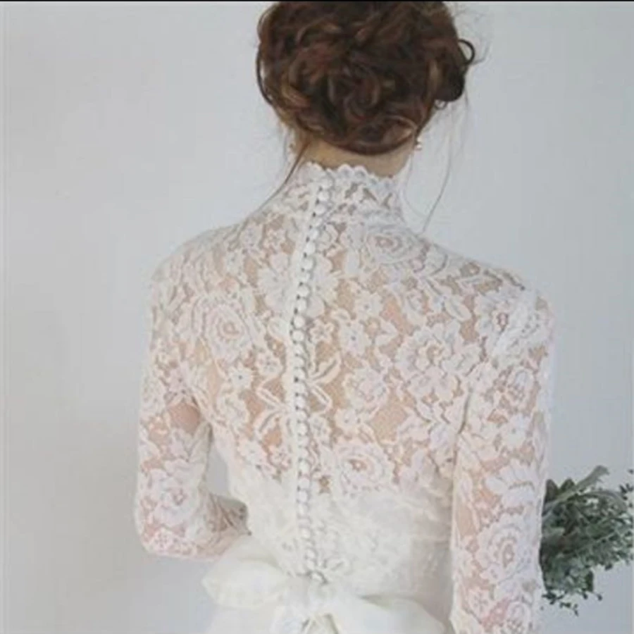 Collo alto Appliques di pizzo scialle da sposa Bolero accessori da sposa giacca da sposa Shrug scialle di pizzo manica lunga cappotto da sposa