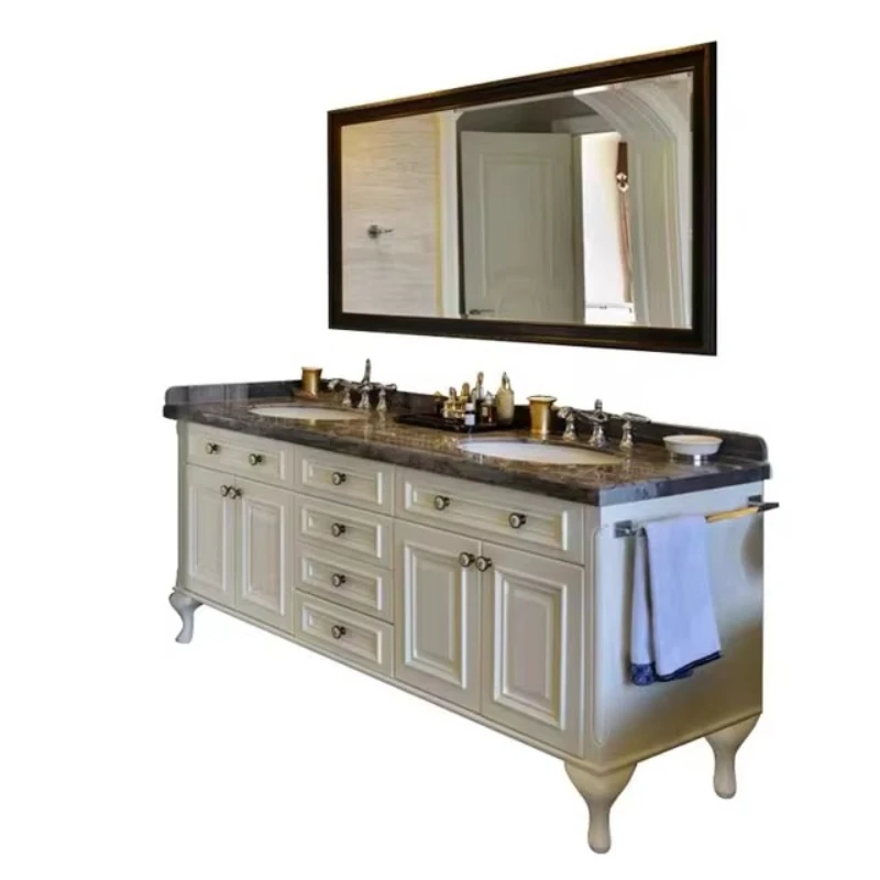 

HZ Bathroom Storage Double Sink Mirror Makeup Cabinet Luxury Style Classic Design Lift Panel Custom Makeup Cabinet