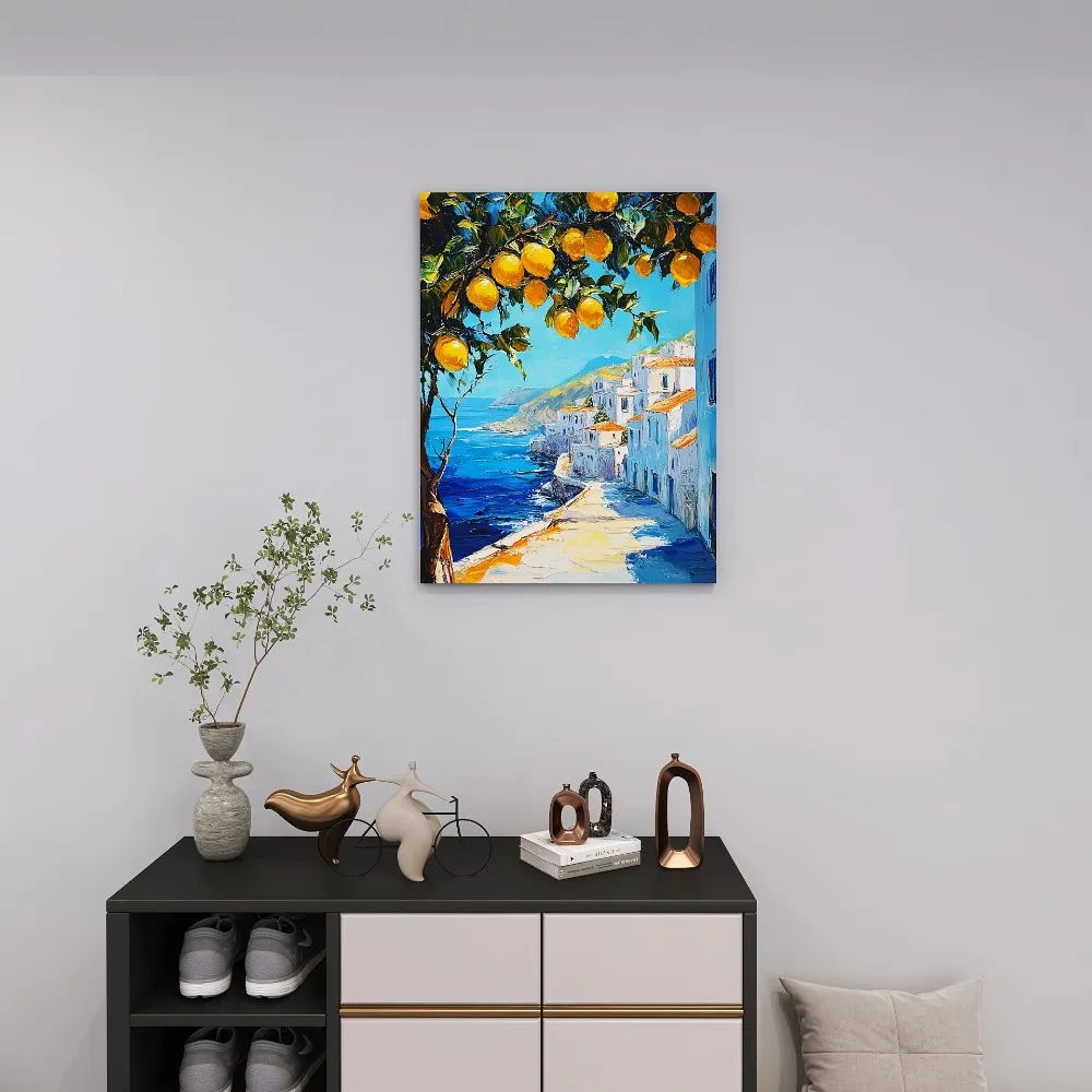 شجرة الليمون تحت الشاطئ، مناسبة لغرفة النوم وغرفة المعيشة والمكتب المنزلي وإطار من خشب الصنوبر الصلب بسمك 1.5 بوصة