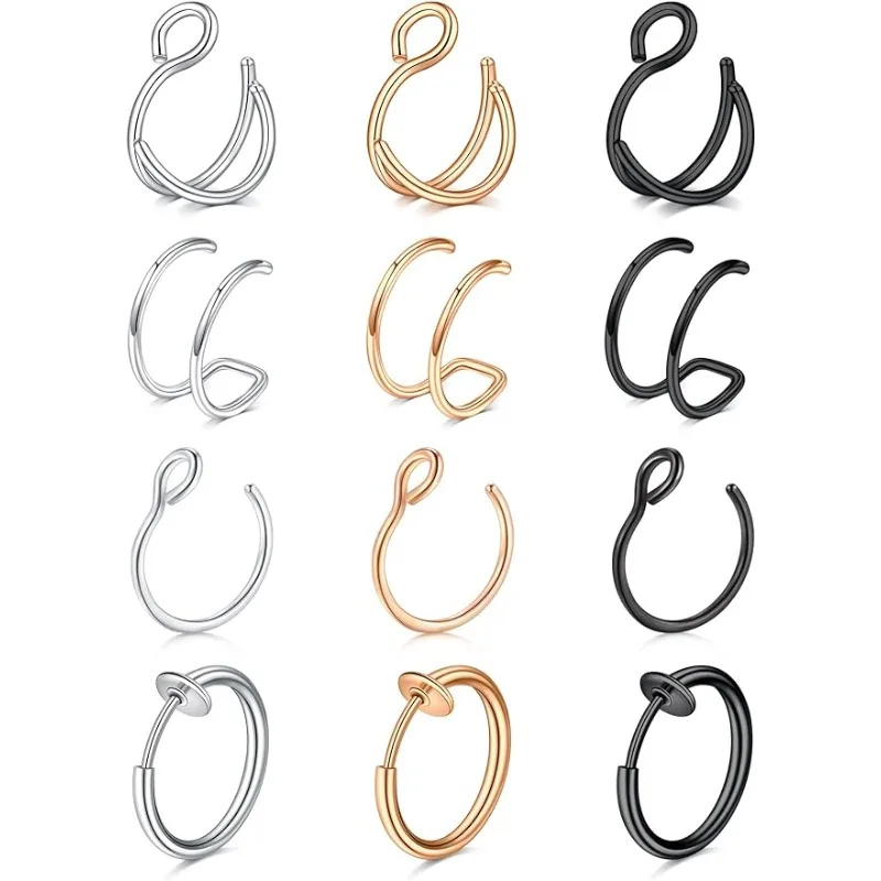 Anillo de nariz falso Anillo de nariz falso Aro de nariz falso Aro Doble anillo de nariz falso Piercing de nariz falso para mujeres Hombres Plata Oro rosa Negro