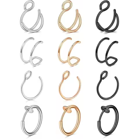 Fake Nose Ring Faux Nose Ring Fake Nose Ring Hoop Double Fake Nose Ring Fake Nose Piercing for Women Men Silver Rose Gold Black
