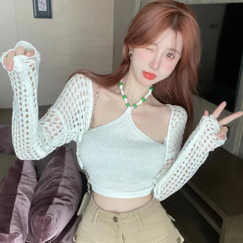 Women Sets Tanks Halter Crop Tops Slim Fit Summer Sexy Hot Girls Cardigan Solid Spring Hollow Out Кардиган Женский Korean Style