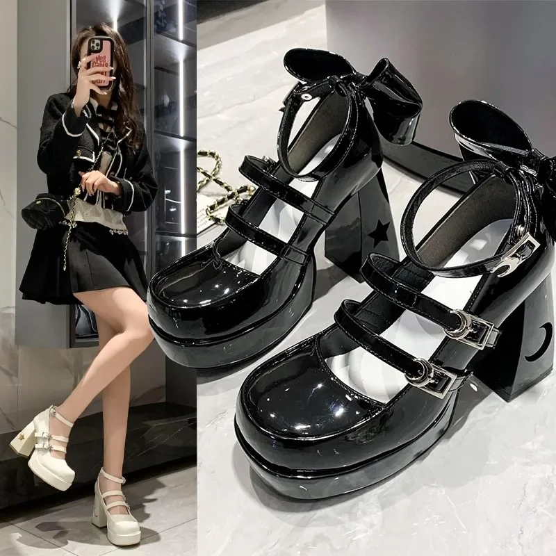 Spring Punk  Chunky Platform High Heels Pumps Women Thick Heel Mary Jane Lolita Shoes Woman Patent Leather Cosplay Shoes