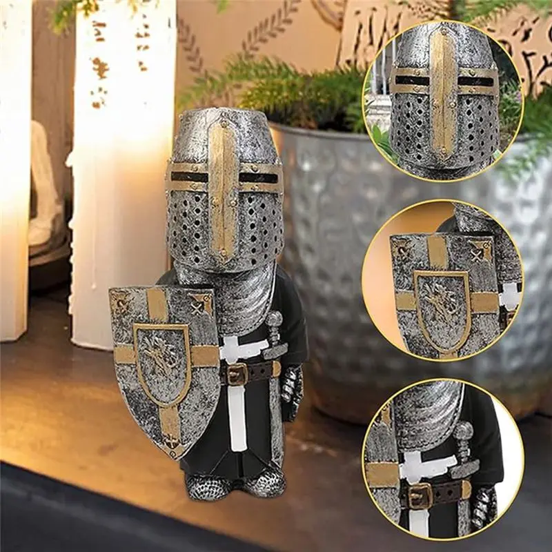PZHI Knight Gnome Garden Statue Resin Figurine Medieval Decor Outdoor Lawn Ornament Dwarf Guard for Yard