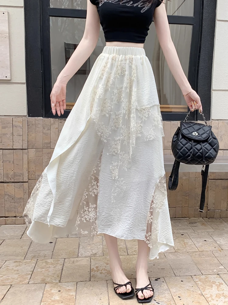 

Fashion Design Skirts Irregular Lace Embroidery Patchwork High Waist Long Skirt Spring Summer All Match Elegant Women's Clothing