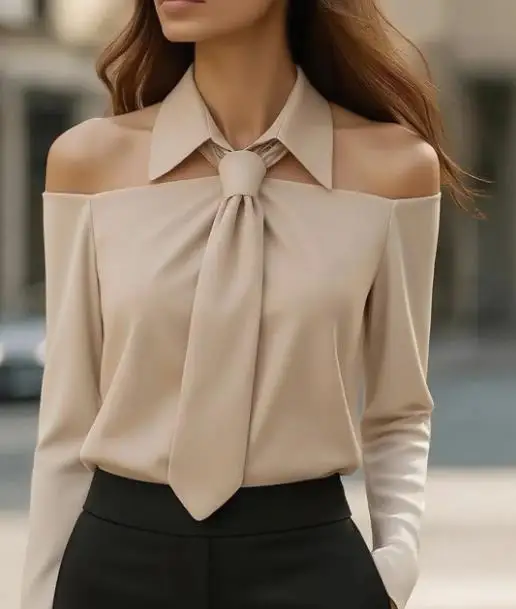 

Temperament Fashion Women's T-Shirt 2025 Autumn Commuting Solid Color Casual Versatile Long Sleeve Lapel Tie Shirt for Women