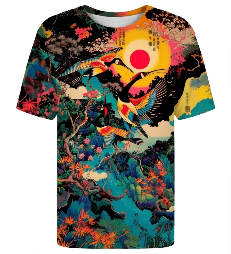 2026 Unisex Ukiyo-e Crane Print T-shirt, Japanese Style, Retro Oriental Art Street Style, Quick-drying and Breathable T-shirt.