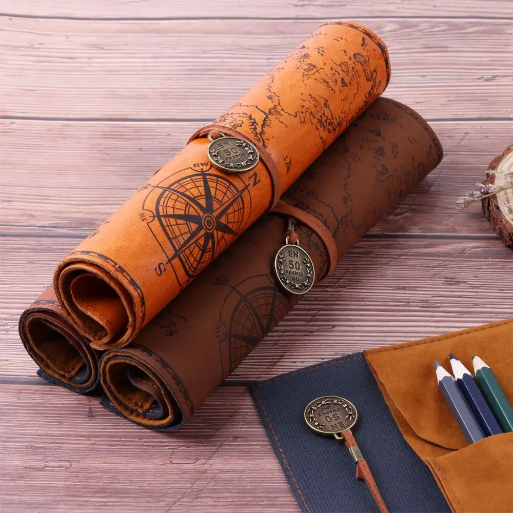 Big Capacity PU Leather Retro Treasure Map Pattern Pen Bag Makeup Brush Pouch Pencilcase School Office Stationery Supplies