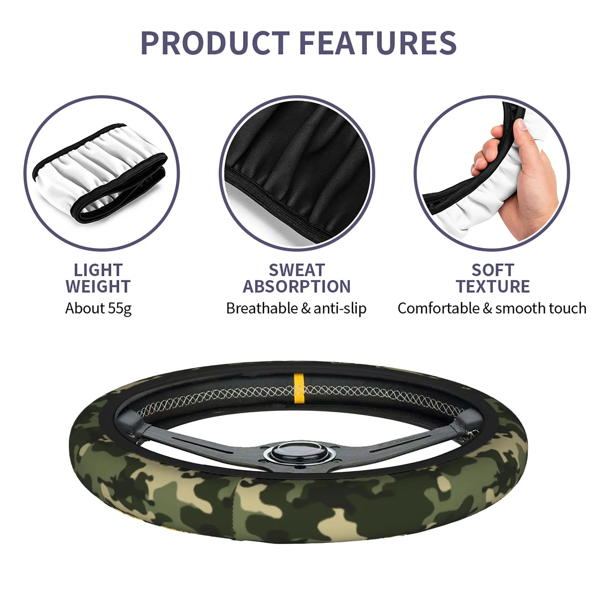 Green Camouflage Camo Car Steering Wheel Cover 37-38 Elastic  Steering Wheel Protective Cover Auto Decoration Car Accessories - view 5