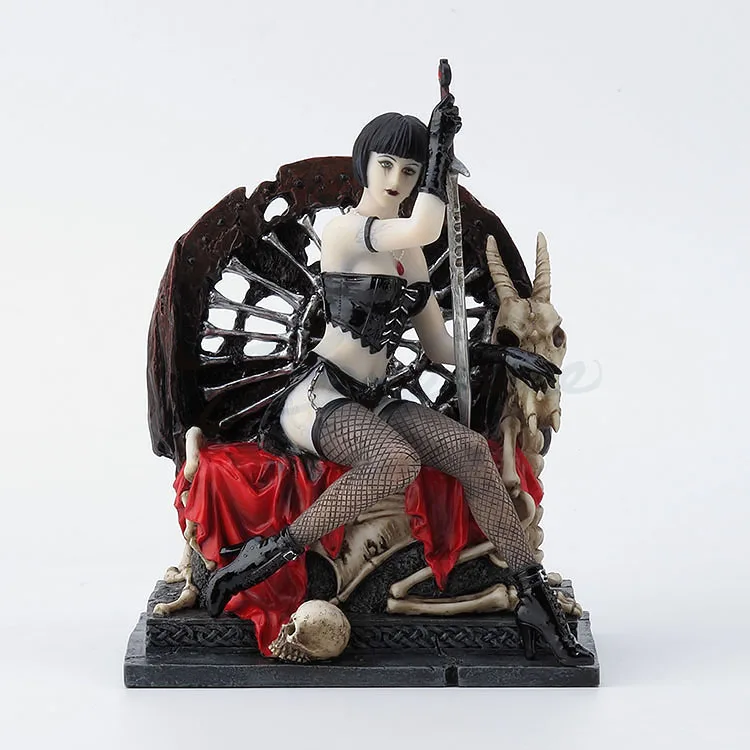 Gothic Female Warrior with Sword Sitting on Bone Throne Statue Skeleton Devil Skull Dark Fantasy Lady Resin Figurine Home Decor