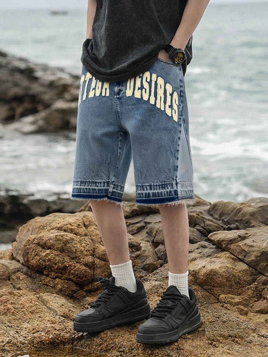 Pantaloncini di jeans a cinque punti ricamati con lettera vintage Bottega Desires Stampa High Street Fashion e Leisure Short