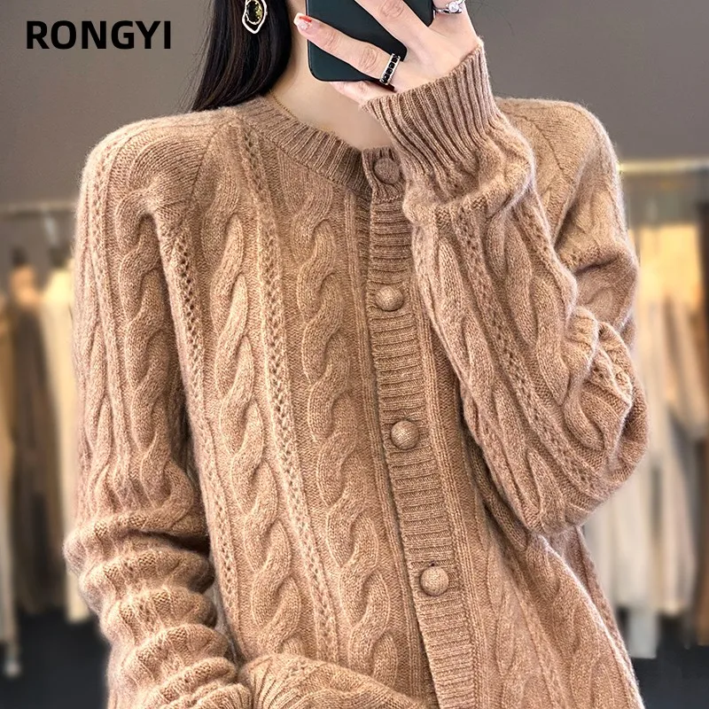 RONGYI 100 %Wool Cashmere Cardigan Autumn Winter New Large Size Twist Coat High-End Knitwear Sweater Shirt Loose Women Thick Top