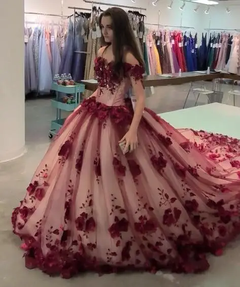 Y&m Novias Dark Red Evening Dress Sweet 16 Dresses 3D Flowers Lace Applique Off Shoulder Prom Ball Gown Graduation Plus Size