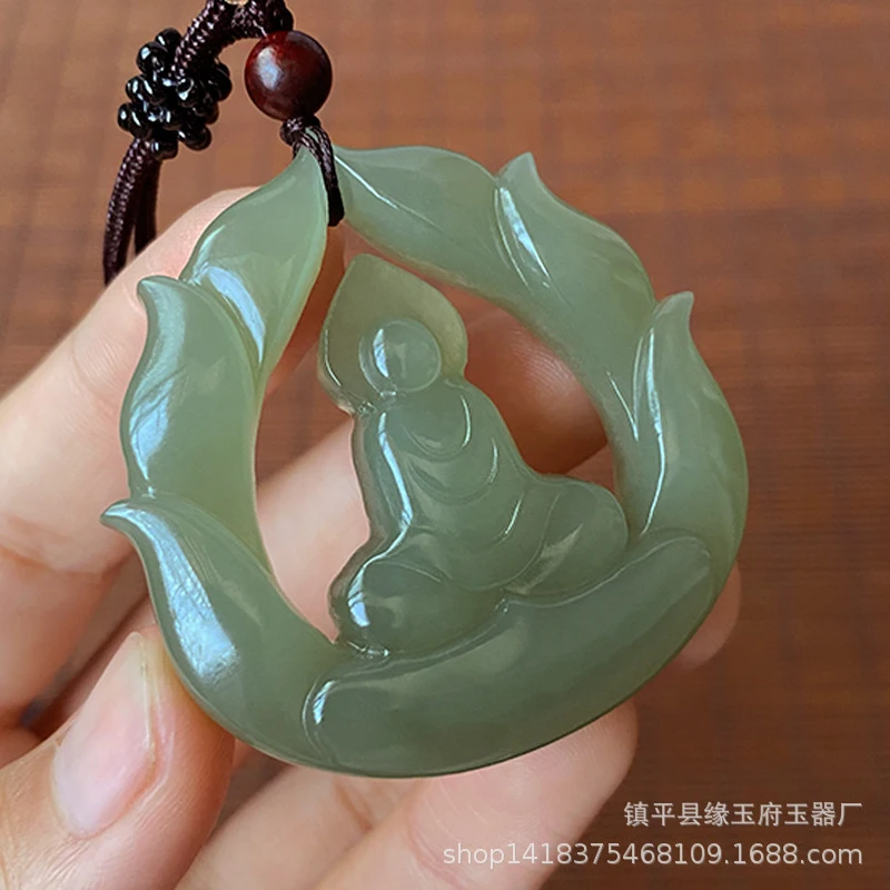 Hetian Enlightenment Men and Women, Hollow Buddha Figurine , Heart-Shaped Necklace Jade Pendant