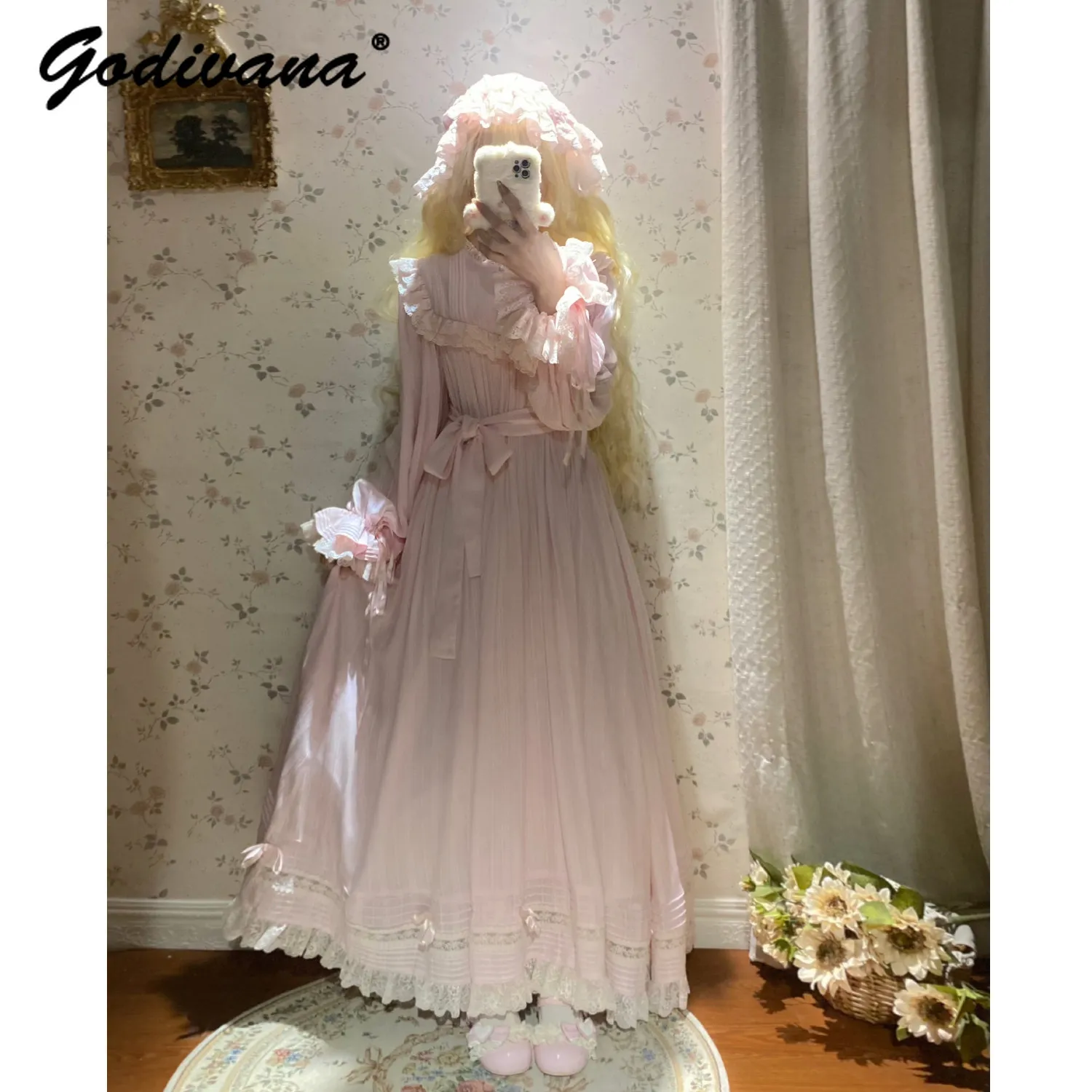 

Women's Vintage Lolita Long Nightgown Dress Retro Princess Girls Princess Jacquard Elegant Sweet Sleeping Dress Nightwear