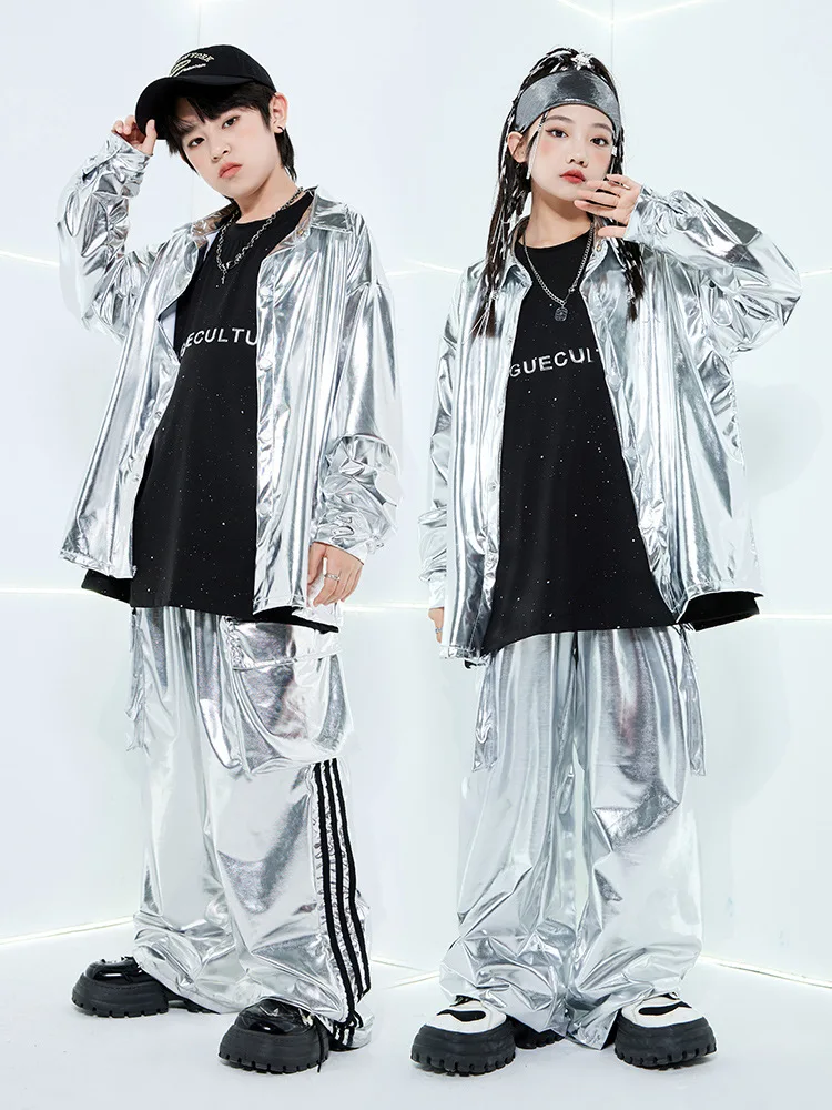 Jazz Modern Dance Costumes For Girls Silver Leather shirt Loose Pants Suit Boys Hip Hop Performance Stage Wear