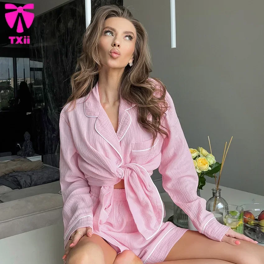 2024 European and American Autumn New Pink Cotton Patchwork Cardigan Pajamas suit Long Sleeve Shorts Women\'s Home Wear