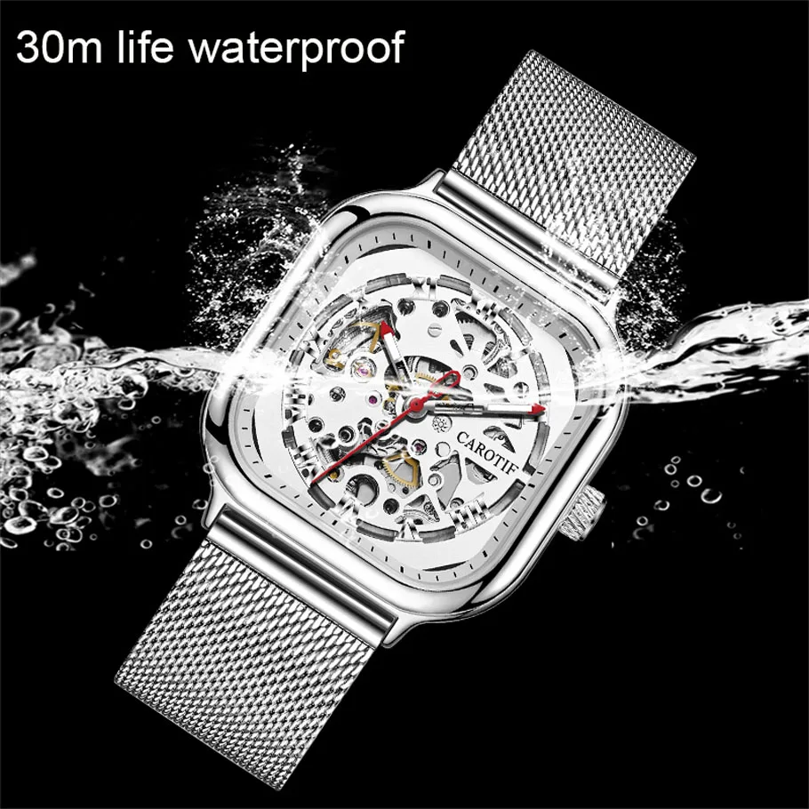 CAROTIF Men Mechanical Watches Automatic Self-Wind Transparent Fashion Mesh Steel Wristwatch Skeleton Man Male Hot Hour