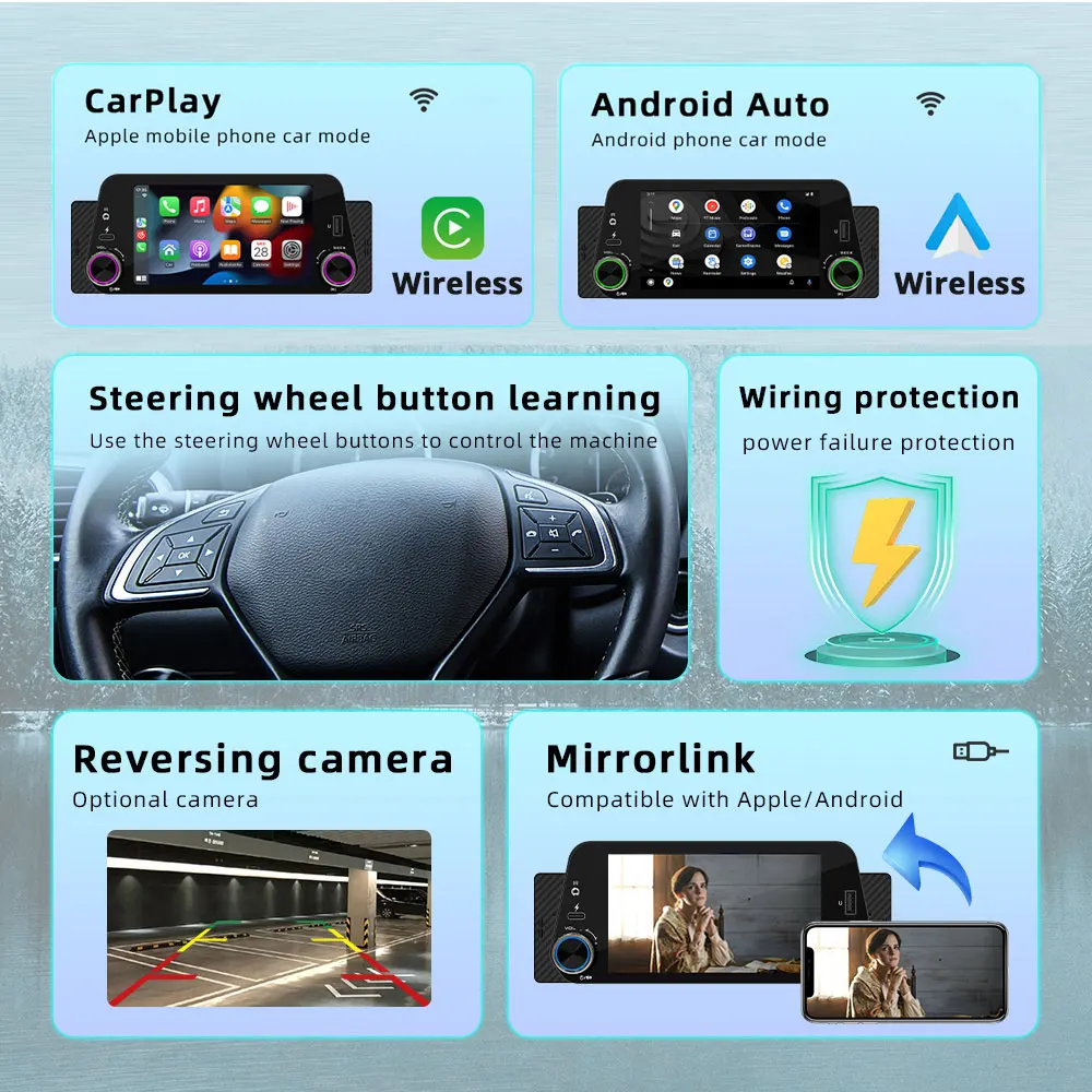 Wireless Carplay Android Auto 5-Inch Car Radio Bluetooth 1Din Universal Multimedia MP5 Player Touch Screen FM USB Mirror Link
