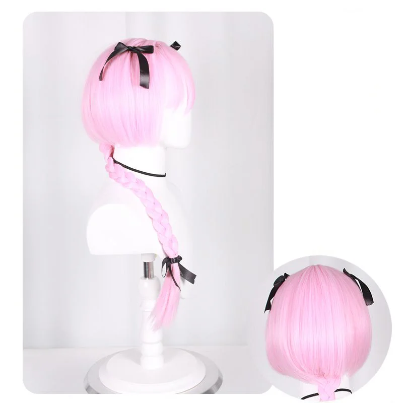

Синтетический парик с розовой косой и украшением в виде черного банта, стиль с короткой челкой, идеально подходит для аниме-косплея и нарядов Лолиты