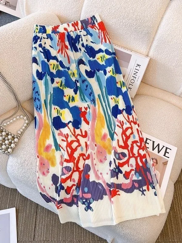 High Waist A-Line Midi Skirt Summer New Design Pleated Long Skirt Slimming Split Printed Half-length Skirt for Women