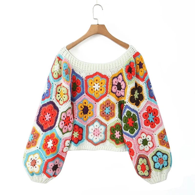 Boho Multicolor Plaid Floral Handmade Crochet Sweater For Women Lantern Sleeve Loose Holiday Pullover Short Autumn Winter Jumper