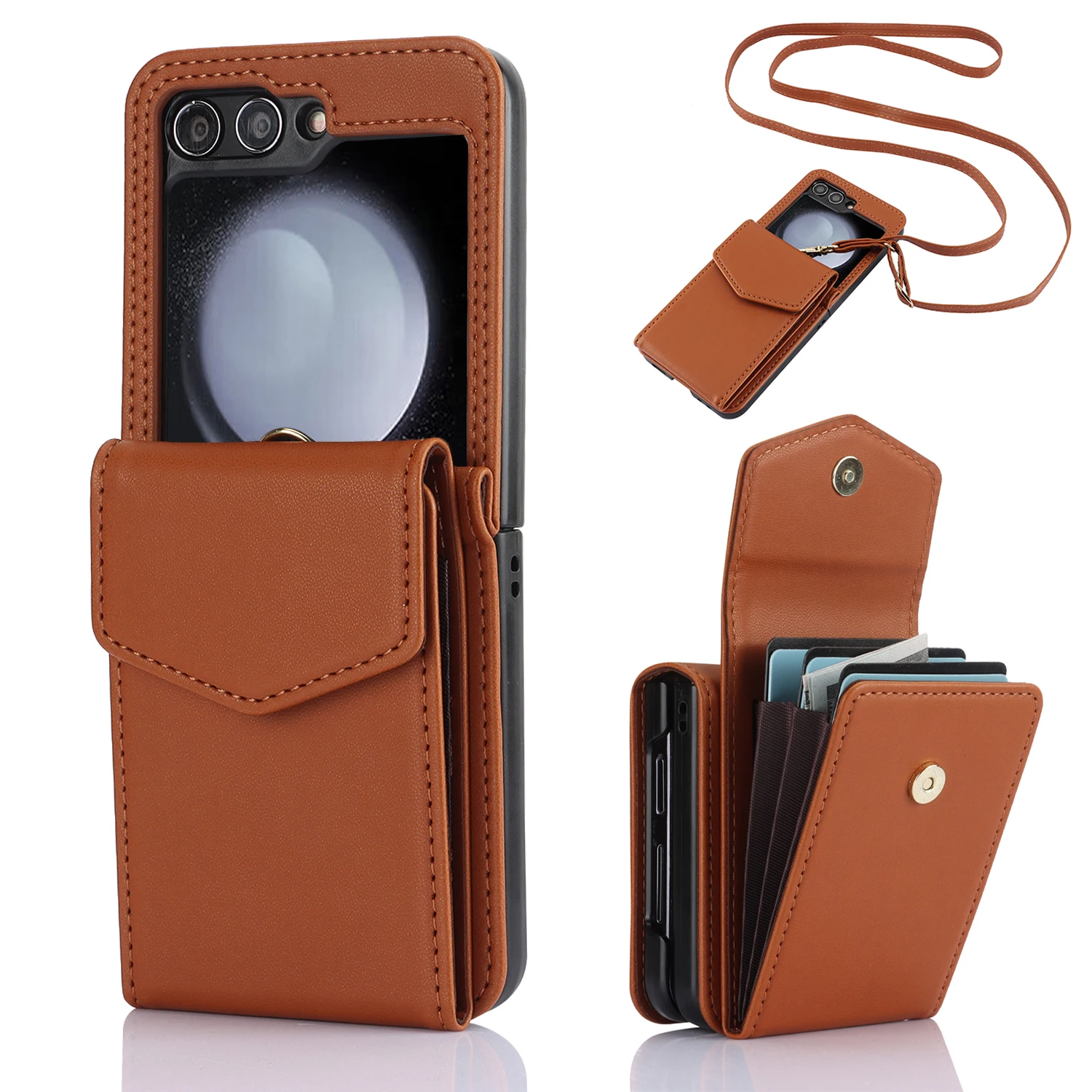 Luxury Crossbody Lanyard Wallet with Card Holder Leather Phone Case for Samsung Galaxy Z Flip3 4 5 6 Shockproof Protective Cover