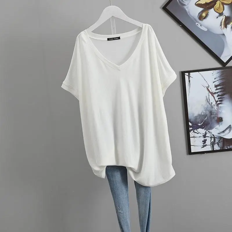 2023 Summer New Solid Color V-neck Short Sleeve Mid-length T-Shirts Women Loose Casual All-match Tees Fashion Simple Youth Tops