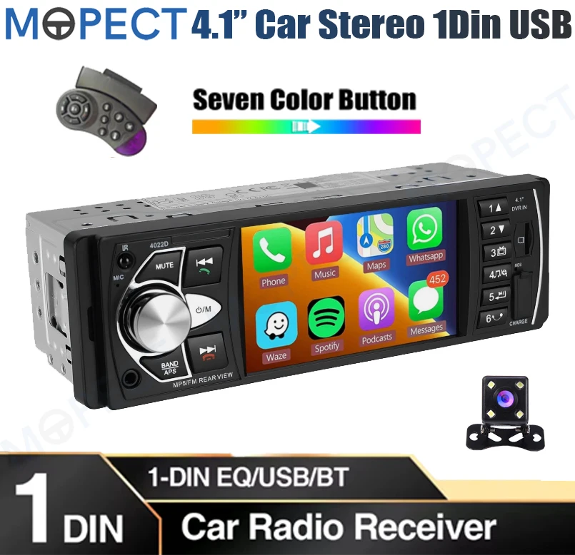 MOPECT Single 1 DIN 4,1-Zoll-Autoradio, universeller Touchscreen, Freisprechfunktion, USB, AUX, TF, 7 Farben, Lenkradfernbedienung, Bluetooth + Kamera