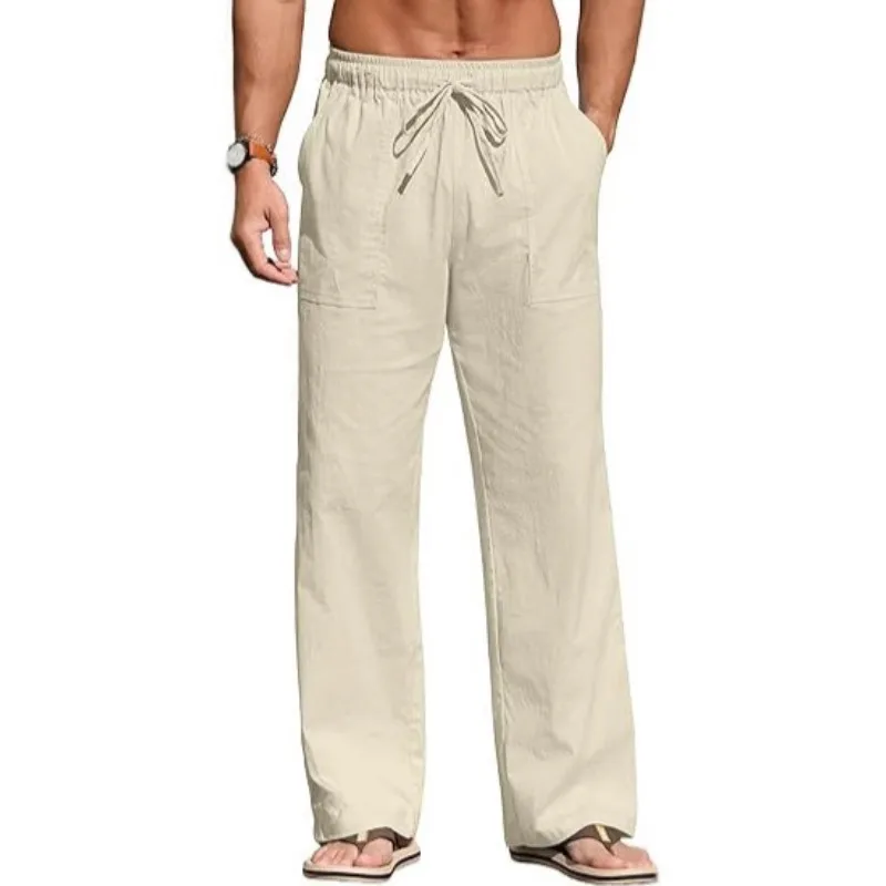 

Мужские льняные повседневные брюки, свободные пляжные брюки с карманами на шнурке, мужские