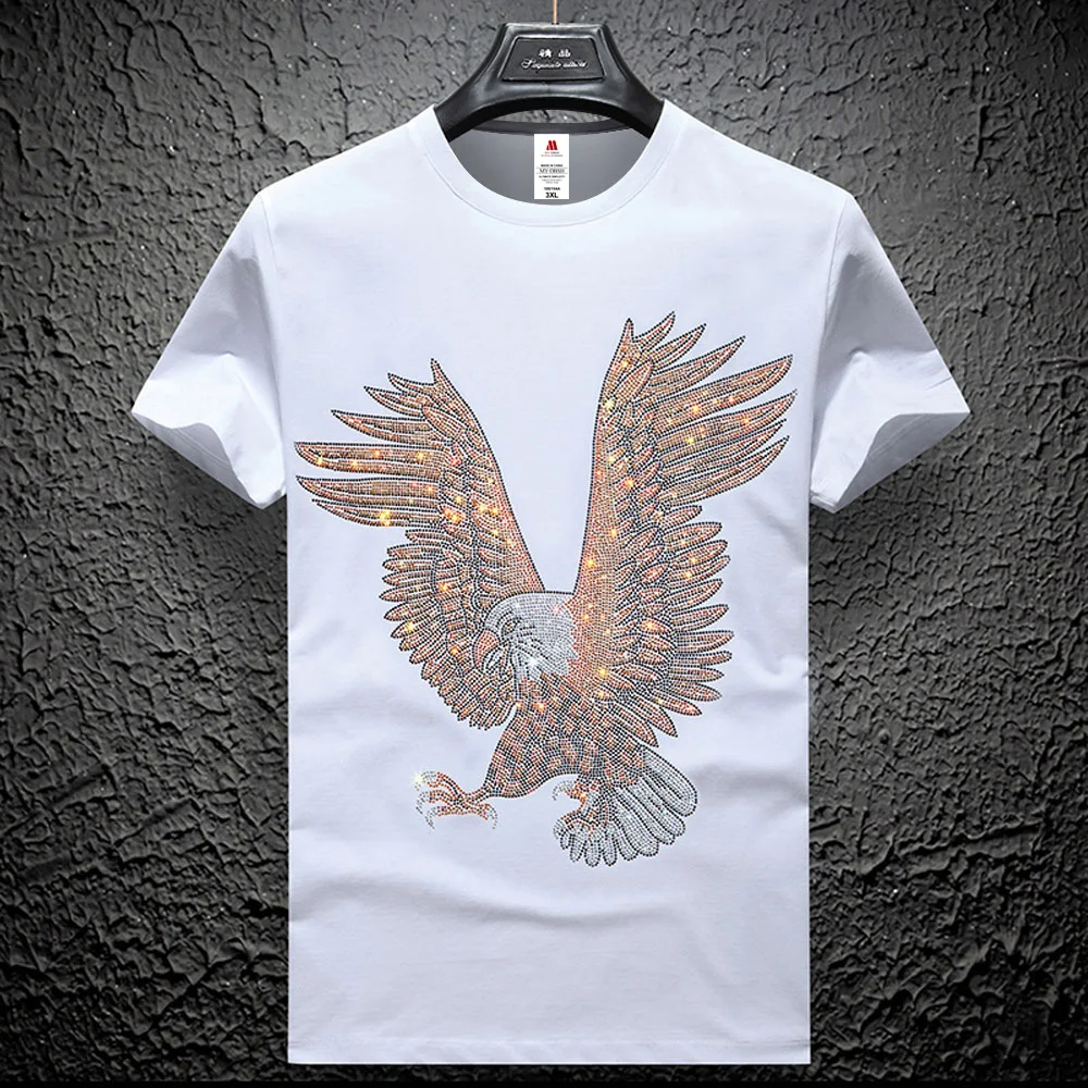 Fashion Streetwear Man Falcon Clothing Animal Eagle 3D Rhinestone T-shirt Summer Casual Men Hawk T shirts Male Short Sleeve Tops